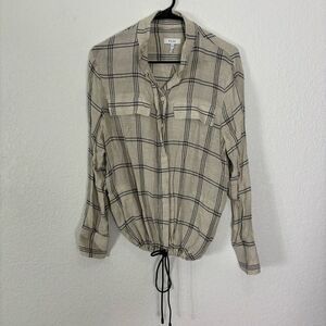 Reiss Oatmeal Colored with Black Plaid Button Front Tie Bottom Long Sleeve Blous